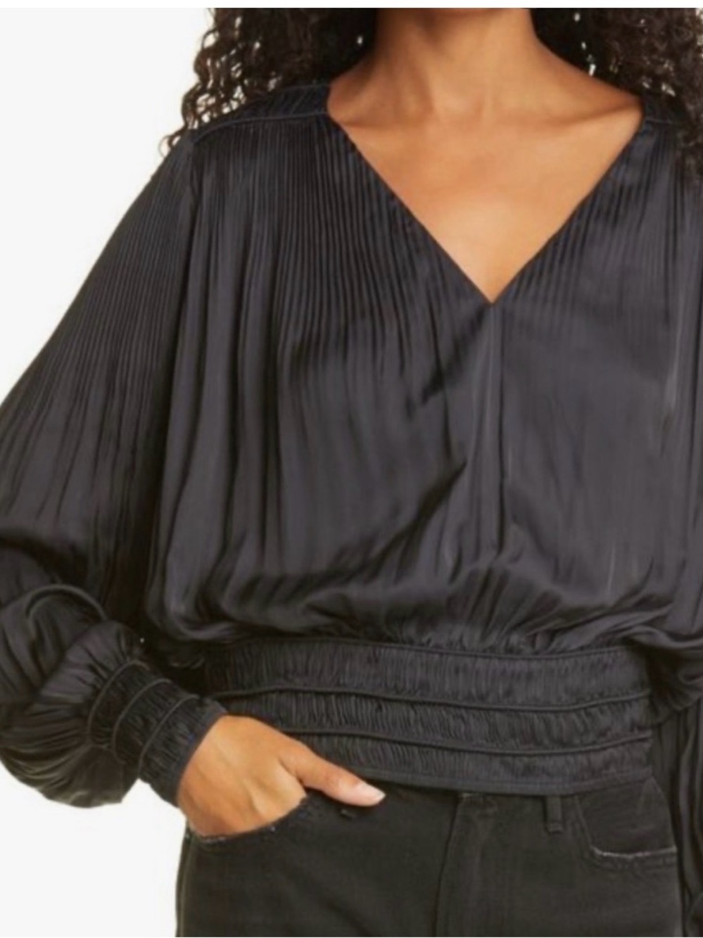 Frame Denim Black Pleated V-Neck Long Sleeve Blouse